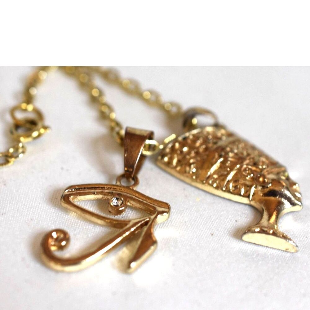Intriguing Eye Of Horus/Profile Of Nefertiti Pendant 24"  Gold Tone Necklace